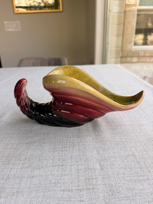#ad Vintage Hull Pottery 64 Cornucopia Planter Chartreuse Burgundy Conch Vase 10” $17.96