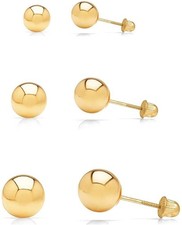 14k Yellow Gold Ball Stud Earrings 3 Pair Set 3mm, 4mm, 5mm Screw-Backs