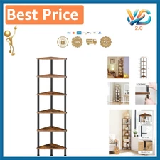 Corner Shelf Stand 6-Tier Wall Bookcase Rustic Brown + Black – Durable Metal ...