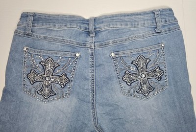 Damen Bootcut Jeans Größe 14 Blau Denim Strass verziert Y2K Cross
