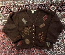 Vintage Ll Bean Brown Wool Cardigan With Leaf Appliqu  100 Wool Size L Fits Med