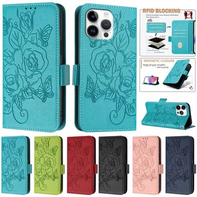 Rose Case For iPhone 17 16 15 14 13 12 11Pro Max Wallet Leather Flip Phone Cover