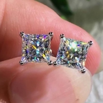 1.10 Ct Certified Princess Cut Diamond Solitaire Studs In 925 Sterling Silver