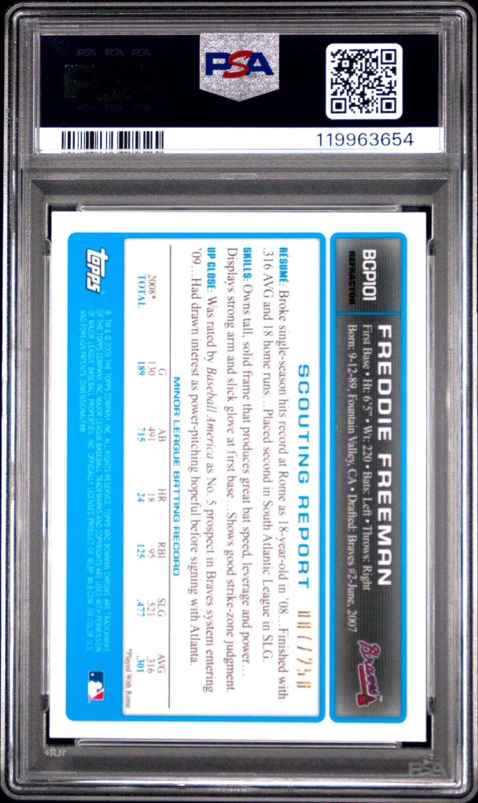 2009 BOWMAN CHROME PROSPECTS XFRACTOR-AUTO #BCP101 FREDDIE FREEMAN 7/250 PSA 9 view 2