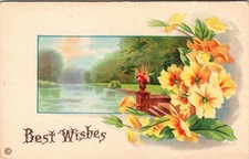 Best Wishes Floral Landscape Early 1900s Vintage Postcard Made in USA