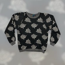 VTG 80s 90s Bernie Blue Rose Pattern Knit Pullover Sweater Womens M Black Cute