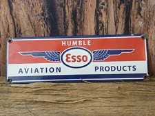 VINTAGE ESSO AVIATION PRODUCTS HUMBLE PORCELAIN ENAMEL GAS PUMP SIGN 11 3/4"×4"
