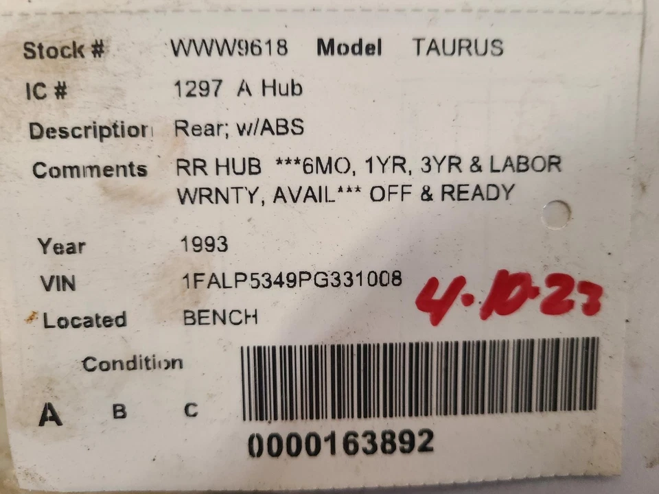 Buje de rueda trasero usado se adapta a: Ford Taurus 1993 trasero con ABS grado A trasero Foto 3 de 4