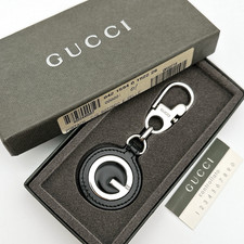 GUCCI Key ring chain Bag Charm Round Circle G Logo Black Leather Silver tone Vtg