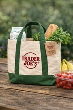 Trader Joe's Large Canvas Tote Bag Green Beige Foldable Solid Shopping