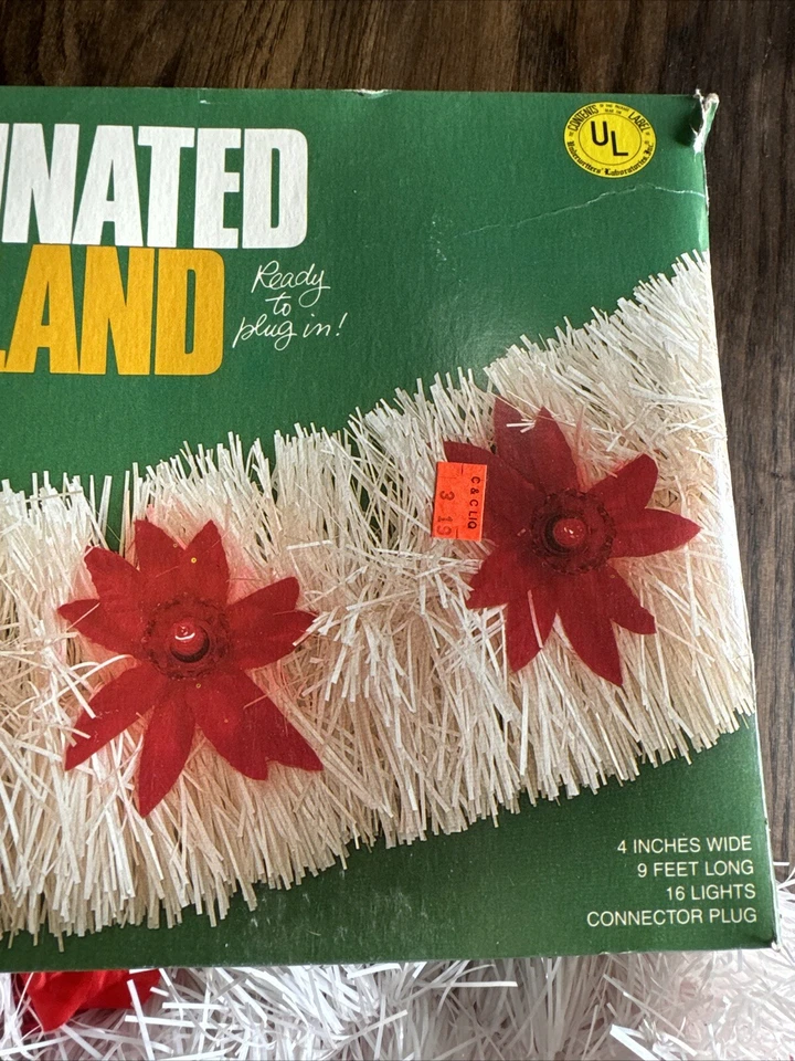 Vintage Illuminated White Tinsel With Red Poinsettia Garland 9’ Decor Noel - Image 3 of 4