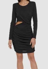 GUESS Ruched Cut-Out Long-Sleeve Dress, BLACK, SIZE-16