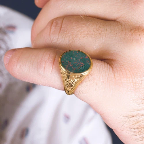 Gold Vintage Bloodstone Mens Ring Handmade signet Ring For Him Gift For Husband