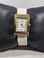 Gossip Pearlized Dial Gold Tone Rectangle Case White Faux Leather Band Watch