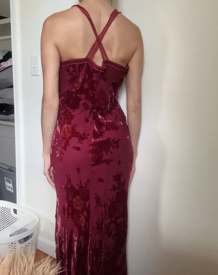 Rare vintage Betsey Johnson red wine velvet floral long dress - Image 3 of 4