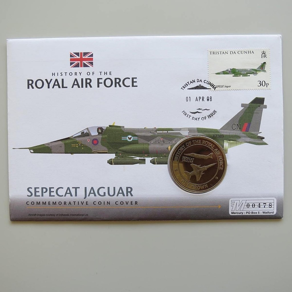 2008 History of the RAF Sepecat Jaguar Aircraft 1 Crown Coin Cover - Tristan Da Cunha PNC First Day Covers - Royal Air Force