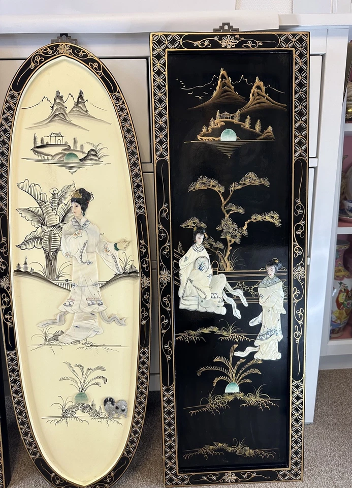 Vintage Set of 3 Wood & Mother of Pearl Wall Panels Japanese Geisha Lacquered - Image 4 of 4