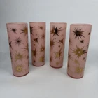MCM Vintage Pink Federal Glass Set Of 4 Pink And Gold Glasses Starburst Atomic