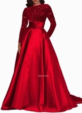 Women's Sparkly Sequin Long Sleeve Dresses Scoop Neck with Sweep Train Sz 6 NEW