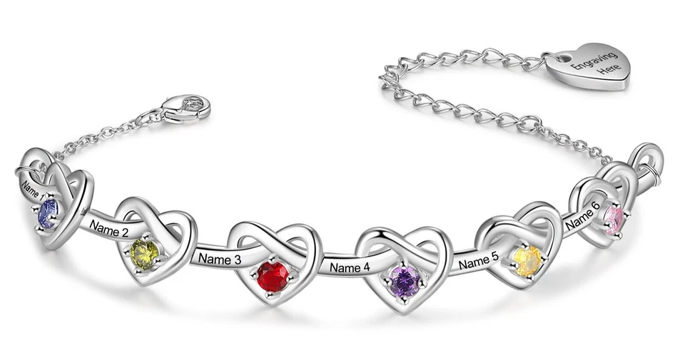 Pulsera Personalizada Grabada Corazones Unidos Día de la Madre Nombre y Piedra de Nacimiento ELECCIÓN Foto 4 de 4