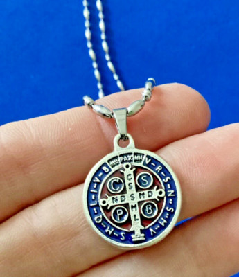 St. Benedict Necklace Saint Medal ENAMEL Red Blue 30  Stainless Steel Chain