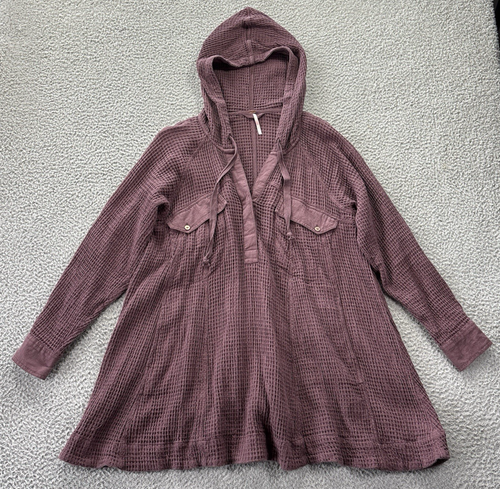 Free People Chill Mood Waffle Knit Hoodie Womens Small Mauve Pullover Oversized