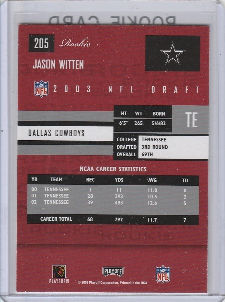 JASON WITTEN 2003 Playoff Prestige VOLUNTEERS ROOKIE CARD Dallas Cowboys RC! - Image 2 of 2