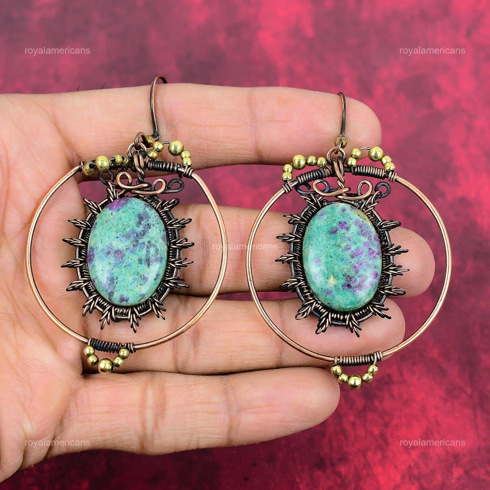 Медный рубин Fuchsite драгоценных камней крещения проволока обернутый подвеской падение крюк серьги - Изображение 3 из 4