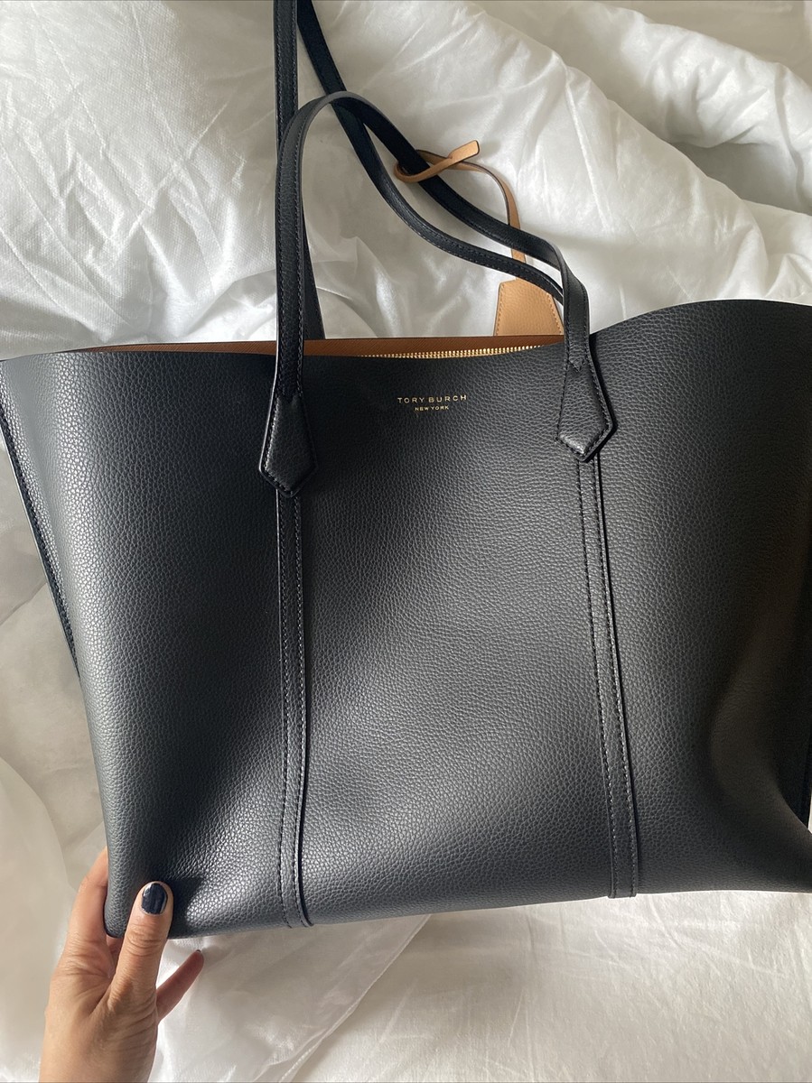 TORY BURCH Perry Tote Bag Triple Compartment Leather Black OS NEW