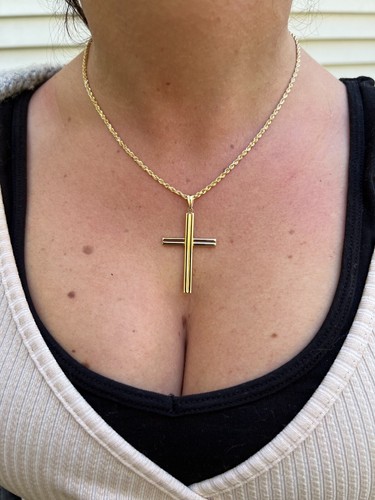 Real 14k Yellow Gold Plain Cross Crucifix Pendant Necklace Mens Ladies Large - Picture 12 of 12