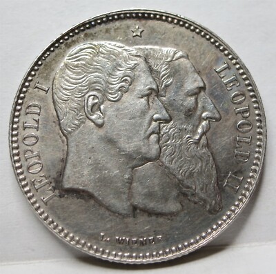 BELGIUM 2 Francs 1880 About UNC Independence Scarce King Leopold Silver #B96