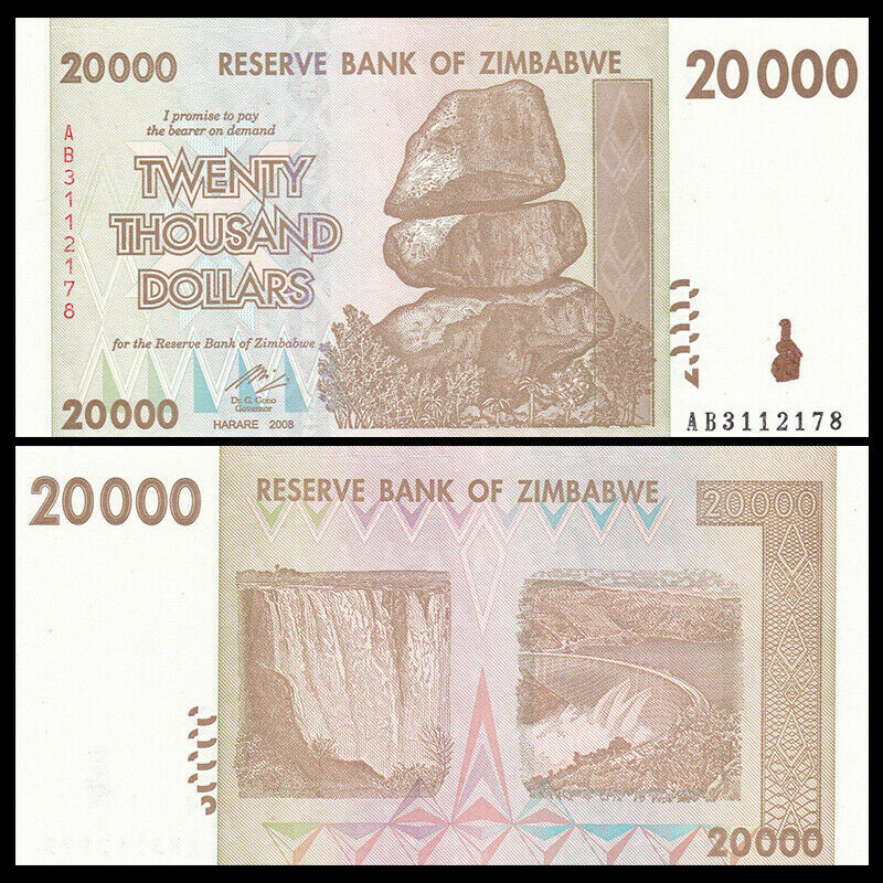 2008 Zimbabwe 20,000 Dollar Bank Note-AA Series-UNC Cond-19-845