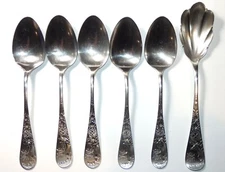 Antique Whiting Sterling LILY ENGRAVED Brightcut 5 Teaspoons & Sugar Shell Spoon