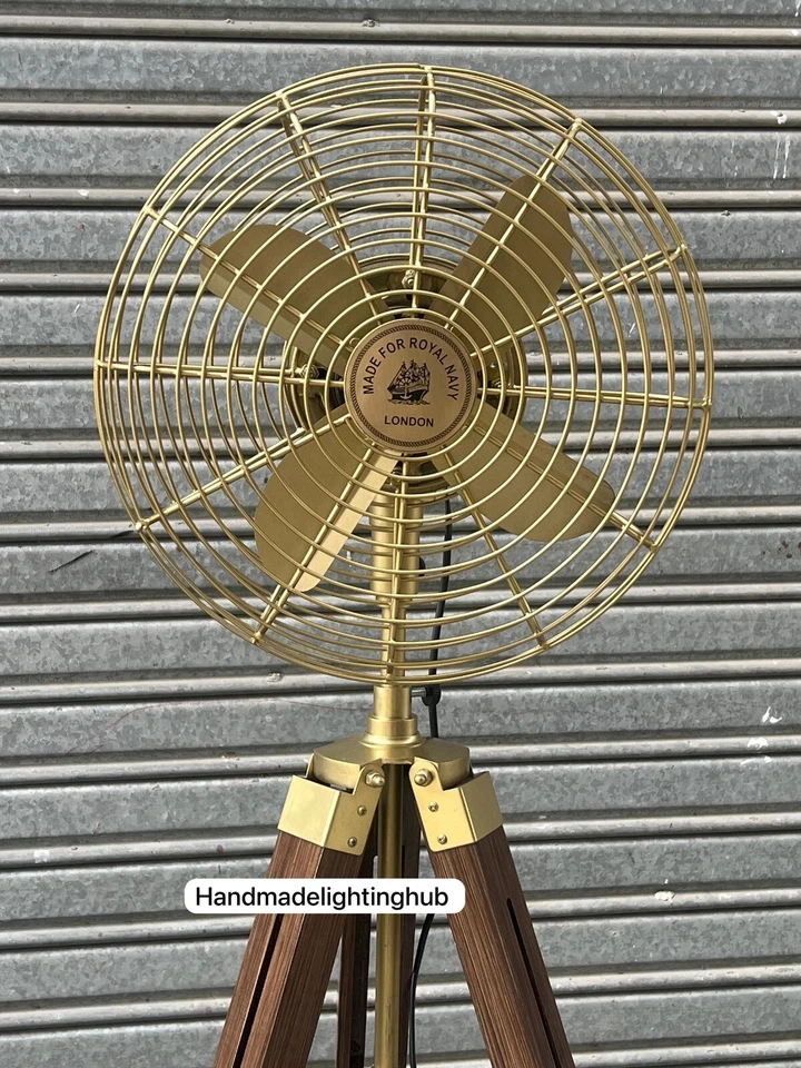Ventilador de piso con pedestal náutico - Trípode de madera industrial retro estilo Royal Navy marrón Foto 4 de 4