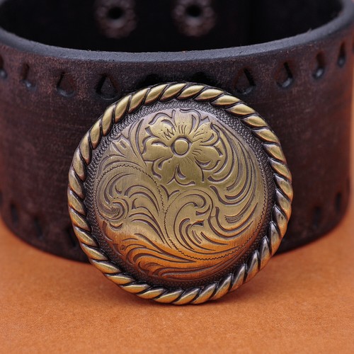 1-1/2" SET 6 WESTERN SADDLE ANTIQUE BRASS FLORAL ENGRAVED LEATHERCRAFT CONCHOS - Picture 2 of 10