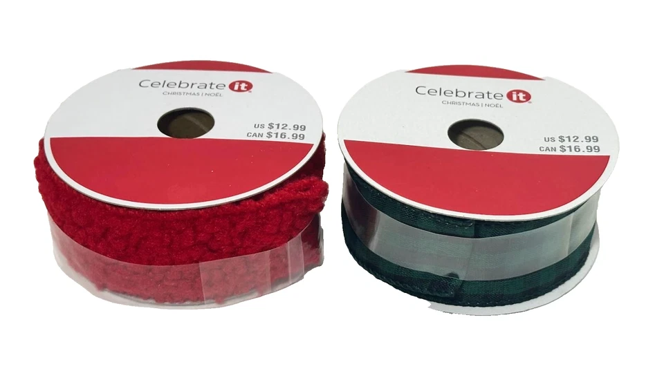Рождественский комплект проводной ленты — уютный красный шениль и зеленый клетчатый — 1,5 дюйма x 9 футов каждый - Изображение 2 из 4