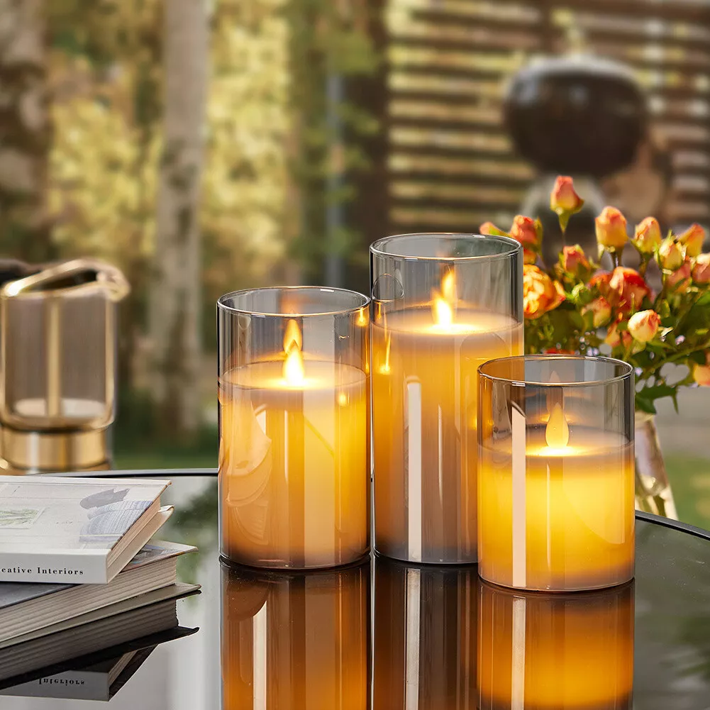 Glass Flameless Flickering LED Candles 3PCS Wax Tea Light Fake Wick Timer Remote