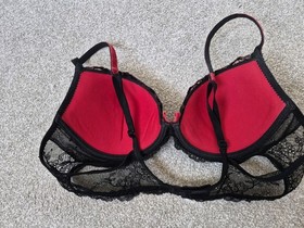 Lise Charmel 36B Black Lace and Red Underwired Plunge Bra