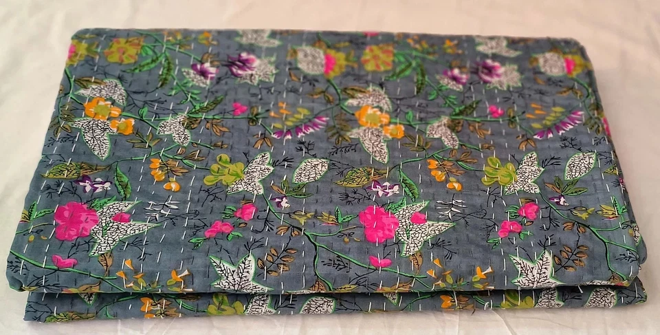 Indian Handmade Cotton Kantha Quilt Gray Floral Twin Size Bedspread Blanket - Image 2 of 2