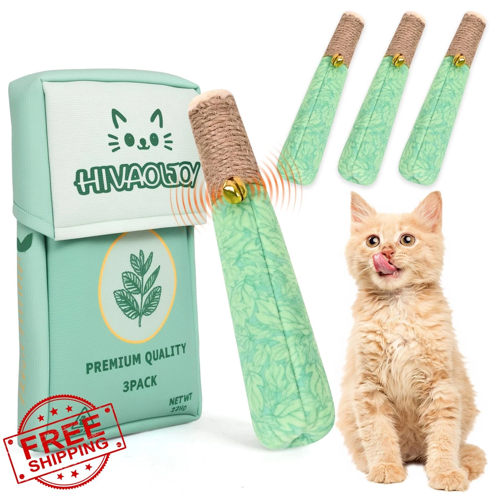 HivaolJoy Catnip Toys 3 Pack, Kicker Dental Rope Bell, Organic Chew Toy