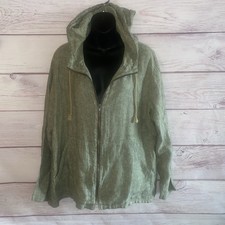 FLAX Womens Medium 100 Linen Hooded Zip Jacket Green Lagenlook Boho A15