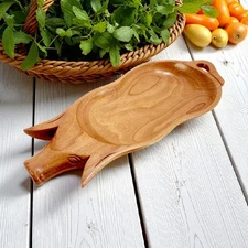 Wood Carved Pig Piggy Platter Centerpiece Shallow Bowl Serving Dish Wooden 15"