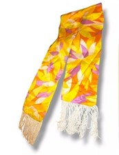 Vintage 1960s Fringe Scarf Yellow Orange Pink White Abstract Print