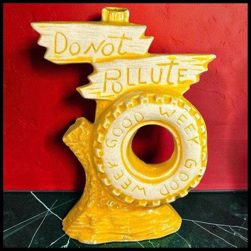 A ceramic tire that doubles as an early-70s eco-message novelty — 'Do Not Pollute' on a piece of kitsch from Korea is a surprisingly poignant time capsule.