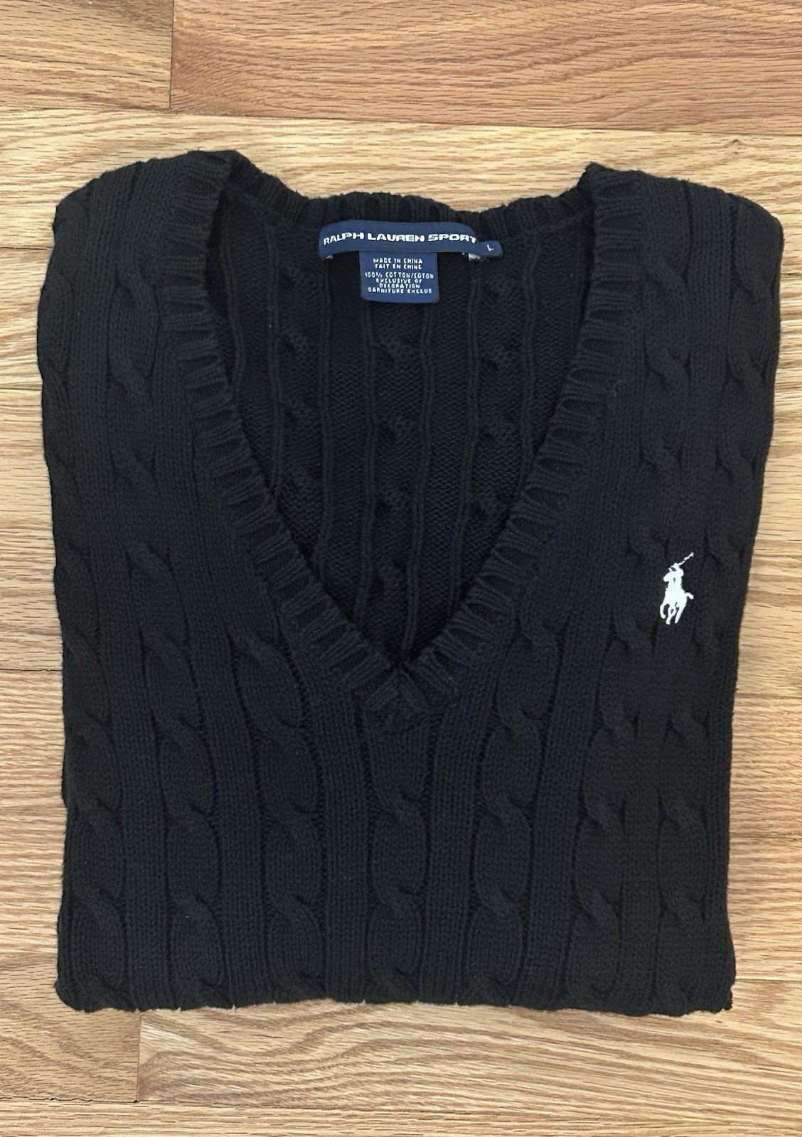 Ralph Lauren Sport Sweater Womens Large Black Cable Knit V Neck Cotton