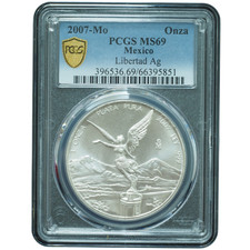2007-Mo Mexico Libertad 1oz .999 Silver PCGS MS69 *JE