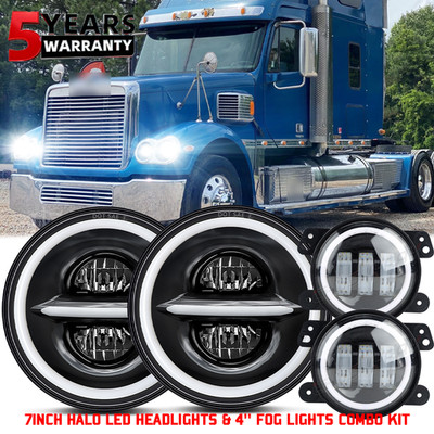 Fit Freightliner Coronado 7inch Round LED Headlights + 4inch LED Fog Light Combo