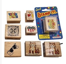 Lot of 8 Vintage Wood Mounted Rubber Stamps Cat Heart Angel Touchdown Coach NOS