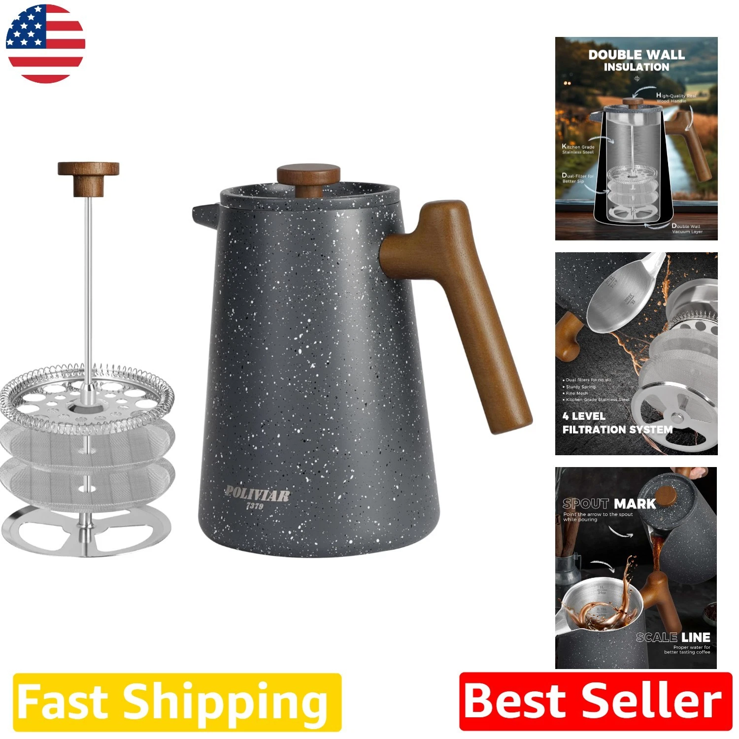 POLIVIAR French Press Coffee Maker, 34oz, Wood Handle, Double Wall Thermal In...