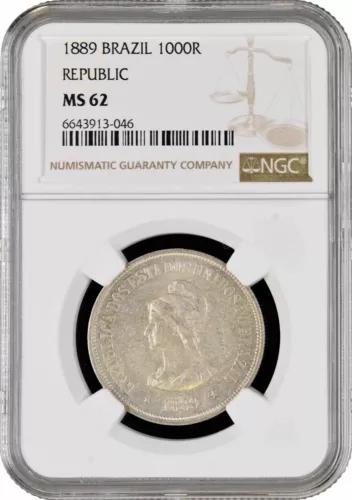 Brazil 1000 reis 1889, NGC MS62, "First Republic (1889 - 1942)" silver coin